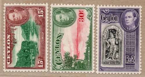 Ceylon 1938 KGVI Definitive 3 stamps 15c, 30c & R2 mounted mint. SG 390, 393 & 396b. Cat £19 (2022)