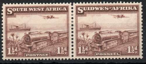 South West Africa 1937 1½d purple-brown (Mail Train) pair lmm. SACC 123. Cat R350 (2023-25)