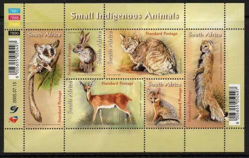 South Africa 2005 `Small Indigenous Animals` sheetlet/set of 6 umm. SACC 1731-37. Cat R200 (2023-25)