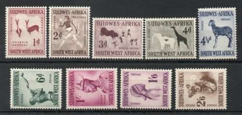 South West Africa 1954 Definitive part set of 9 lmm & umm. SACC 182-88 & 190-91. Cat R295 (2023-25)