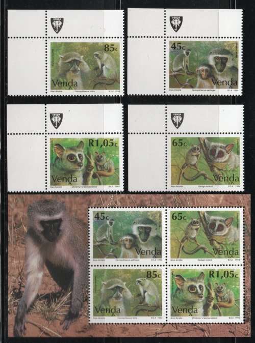 VENDA 1994 MONKEYS SET OF 4 & MINI SHEET UMM. SACC 271-5. SG 268-72. CAT R170. 9,75 POUNDS.