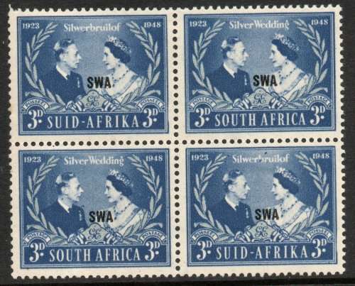 South West Africa 1948 Silver Wedding 3d block of 4 lmm & umm. SACC 165. Cat R40 (2023-25)