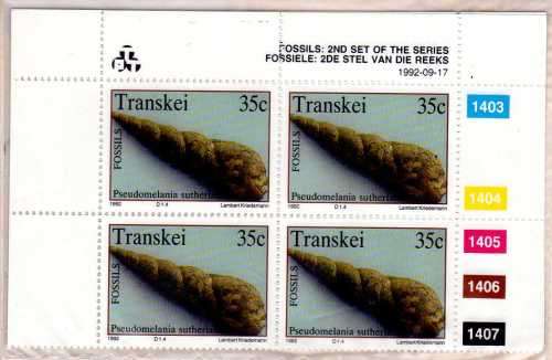 Transkei 1992 Marine Fossils set of 4 in control blocks of 4 umm. SACC 297-300. Cat R328. (2023-25)