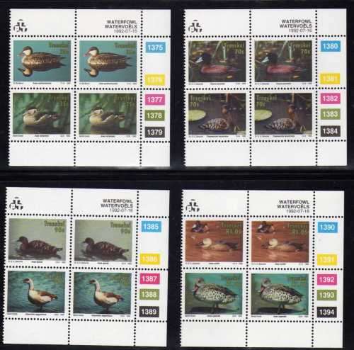 Transkei 1992 Water Fowl set of 8 in 4 control blocks of 4 umm. SACC 289-296. Cat R280. (2023-25)