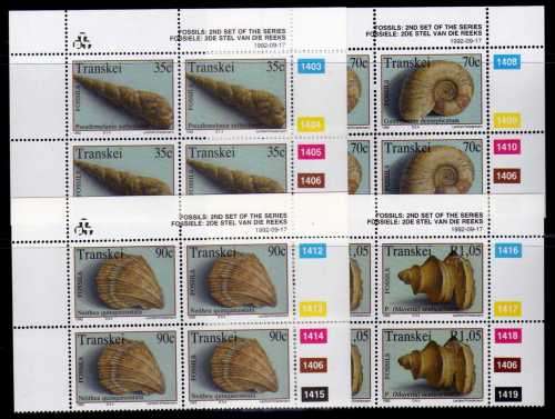 Transkei 1992 Marine Fossils set of 4 in control blocks of 4 umm. SACC 297-300. Cat R328. (2023-25)