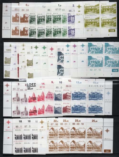 South Africa 1982 Buildings Defin 58 different control blocks of 4 umm. SACC 515a-531a. Cat R1000