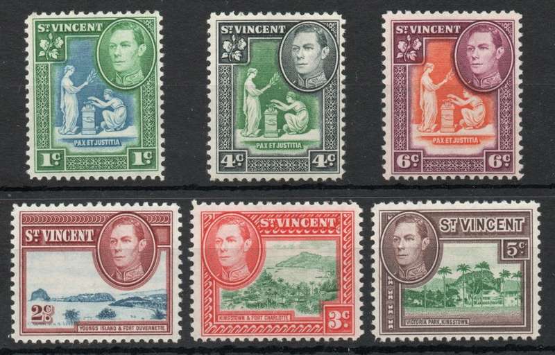 St Vincent 1949 KGVI definitive part set of 6 lightly mounted mint. SG 164-169. Cat £1,85 (2022)