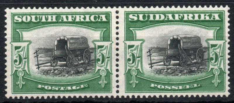 South Africa 1927 London Pictorial 5/- pair lightly mounted mint. SACC 38. Cat R10 000 (2023-25)