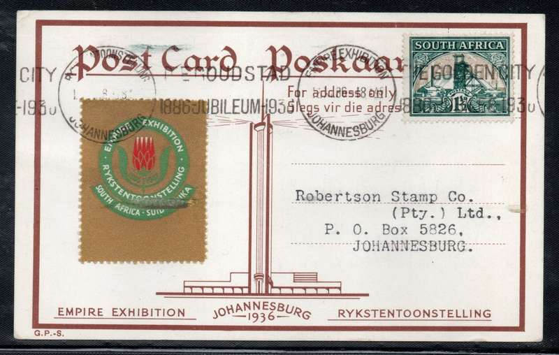 South Africa 1936 Empire Exhibition Post Card with label attached. Picture of Jhnb Telephone Tower.