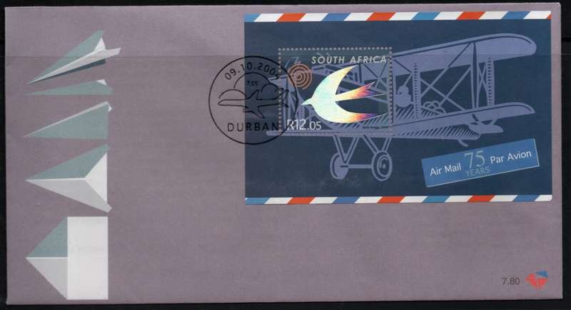 South Africa 2004 75 years Air Mail Services Mini Sheet on FDC 7.80. SACC 1671. Cat R 70 (2023)