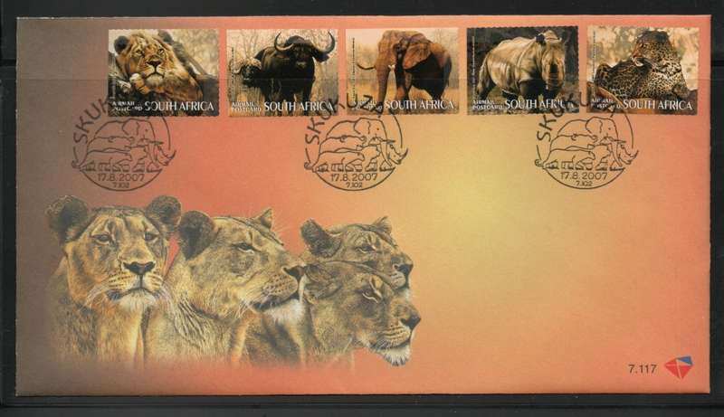 South Africa 2007 Big Five set of 5 on FDC 7.117. SACC 1823-27. Cat R180 (2023-25)