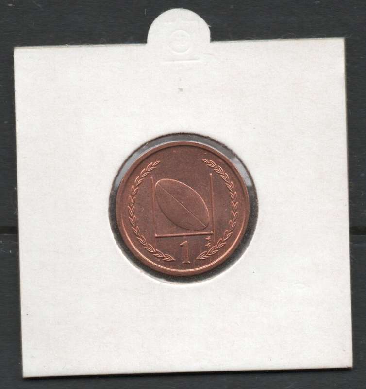 Isle of Man 1999 Queen Elizabeth II Uncirculated 1 Penny Coin with rugby ball and poles.
