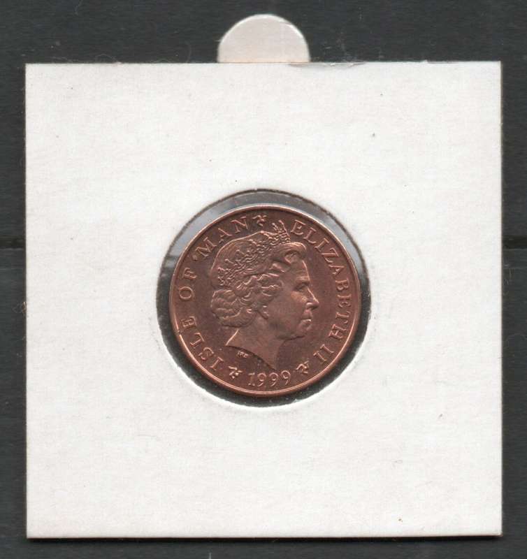 Isle of Man 1999 Queen Elizabeth II Uncirculated 1 Penny Coin with rugby ball and poles.