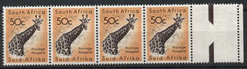 South Africa 1961 Defin 50c Giraffe horizontal strip of 4 unmtd mint. SACC 195. Cat R600 (2023-25)