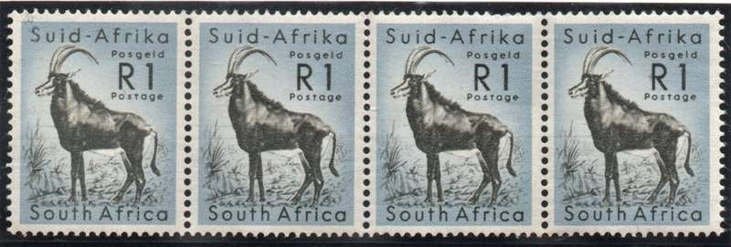 South Africa 1961 Defin R1 Sable Antelope horiz strip of 4 unmtd mint. SACC 196. Cat R2000 (2023-25)