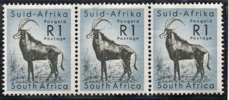 South Africa 1961 Defin R1 Sable Antelope horiz strip of 3 unmtd mint. SACC 196. Cat R1500 (2023-25)