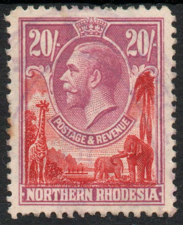 Northern Rhodesia 1925 Definitive 20/- fiscally used. SG 17. Cat £400 (2022)