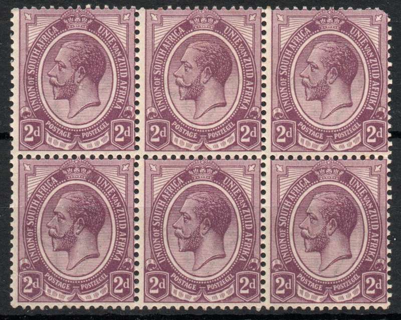 South Africa 1913 KGV 2d block of 6 mm (x1) & umm (x5) upright wmk. SACC 5. Cat R109. (2023-25)