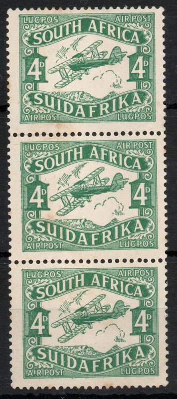 South Africa 1929 2nd Air mail issue 4d vertical strip of 3 mint. SACC 40. Cat R570. (2023-25)