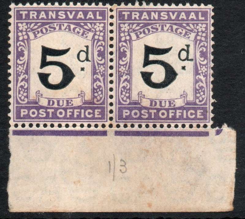 Transvaal 1907 Postage Due 5d bottom marginal pair unmounted mint. SACC 5. Cat R300. (2023-25)