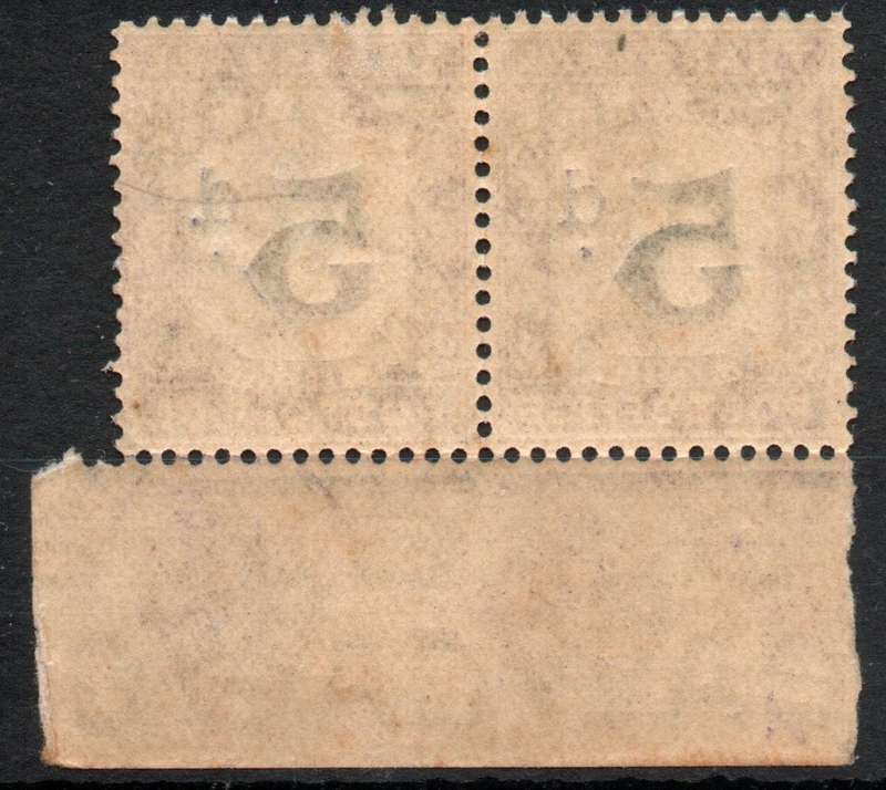 Transvaal 1907 Postage Due 5d bottom marginal pair unmounted mint. SACC 5. Cat R300. (2023-25)