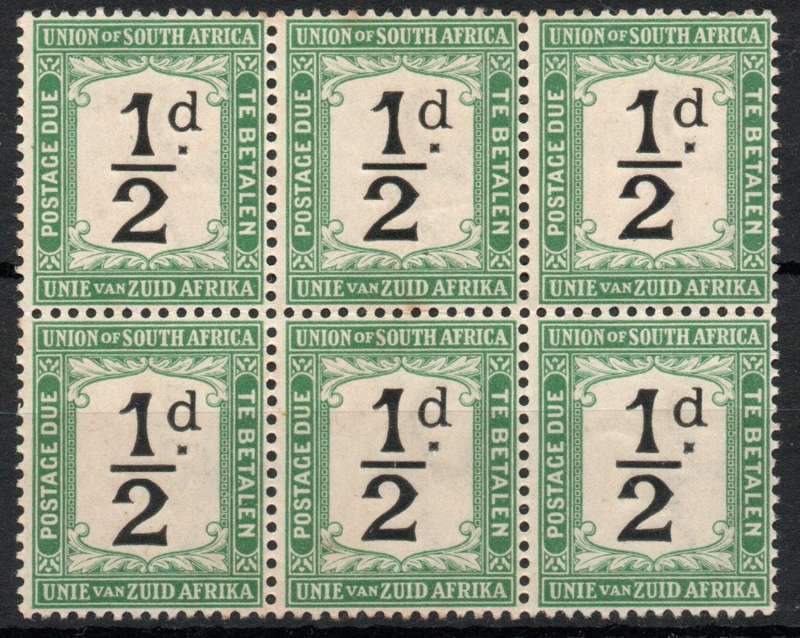 South Africa 1914-22 Postage Due ½d block of 6 mint. SACC 1. Cat R310. (2023-25)