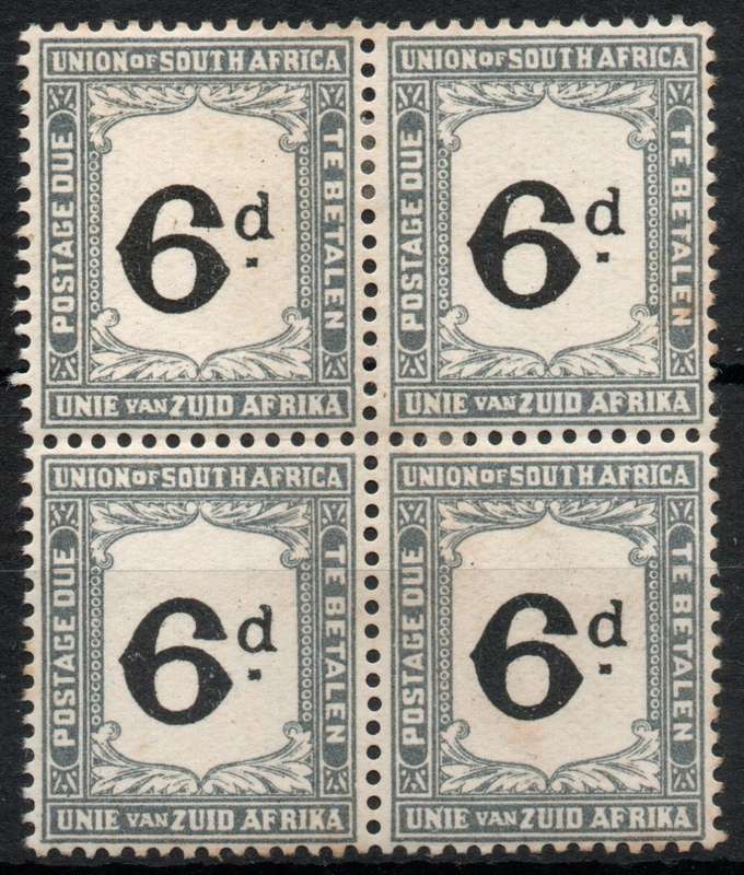 South Africa 1922-26 Postage Due 6d block of 4 with offset on back mint. SACC 16 Cat R1000 (2023-25)