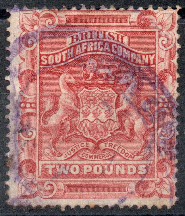 Rhodesia BSAC Revenue 1890-97 Arms £2 perf 14 fiscally used. Barefoot 2. Cat £7,50 (2012)
