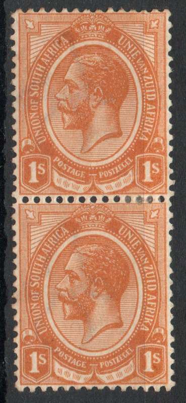 South Africa 1913 KGV 1/- orange vert pair inverted watermark mm. SACC 11b. Cat R600 (2023-25)