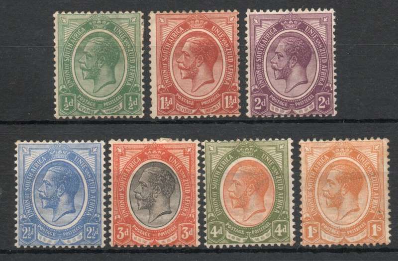 South Africa 1913 KGV ½d, 1½d - 4d & 1/- mint. SACC 2, 4e, 5, 6, 7 9 & 11. Cat R300. (2023-25)