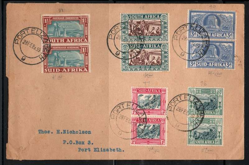 South Africa 1938 Voortrekker stamps 5 vertical pairs on cover with clear PE circular date stamps