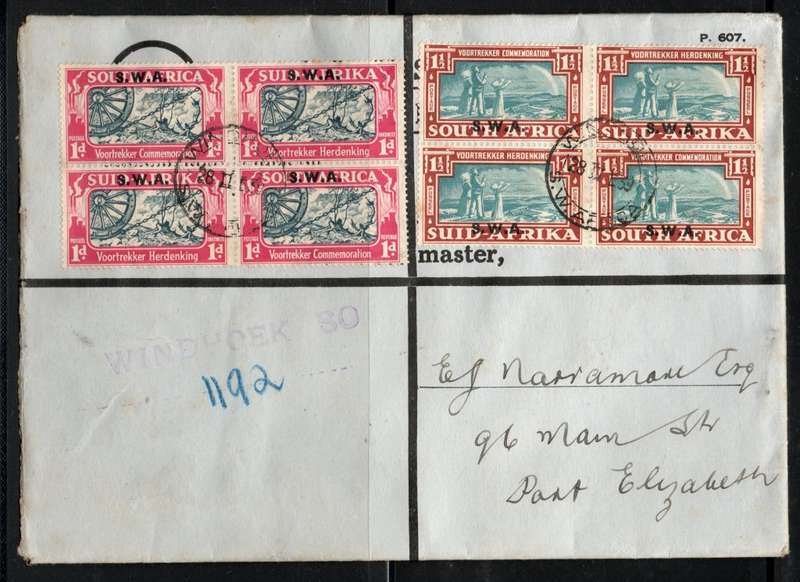 South West Africa 1938 Voortrekker Commemoration set in blocks of 4 on registered cover to PE.