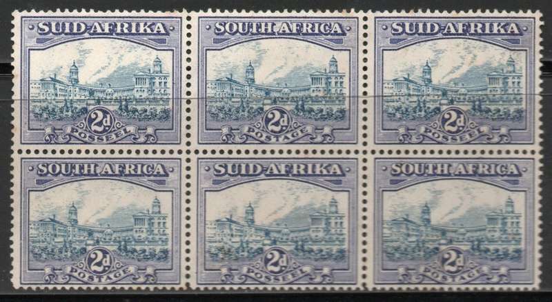 South Africa 1933-48 Hyphen Pictorial 2d blue & violet block 6 mint with UHB var? SACC 58 Cat R2100+