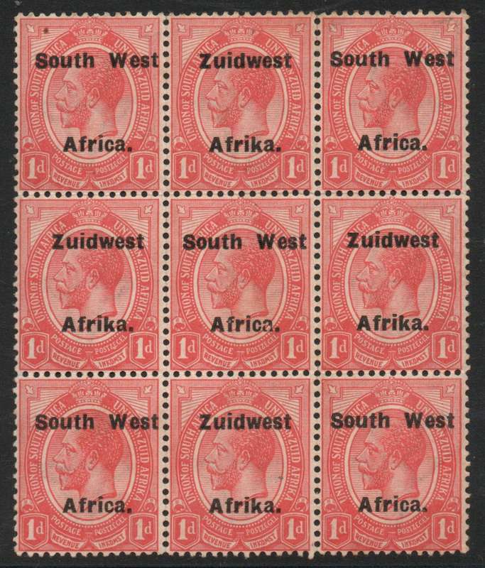 South West Africa 1926 KGV 1d red block of 9 mounted & unmounted mint. SACC 53. Cat R470