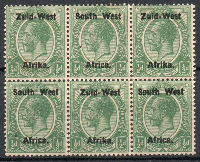 South West Africa 1923 KGV ½d green block of 6 mounted & unmounted mint. SACC 1. Cat R220 (2023-25)
