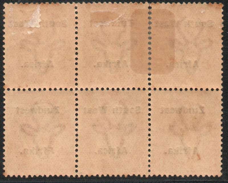South West Africa 1926 KGV 1d red block of 6 mint. Interrupted printing of ovptd. SACC 53. Cat R290+