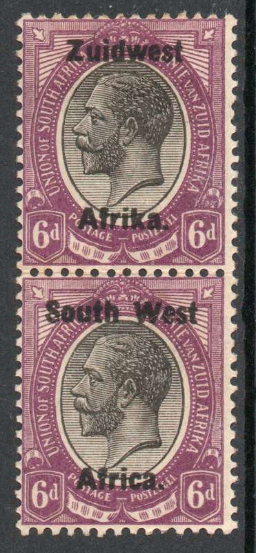 South West Africa 1923 6d black & violet vertical pair mint. SACC 20. Cat R400 (2023-25)
