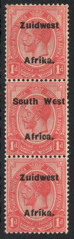 South West Africa 1926 KGV 1d red strip of 3 unmounted mint. SACC 53. Cat R180 for horiz pair.