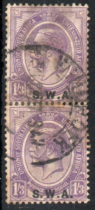 South West Africa 1927-1930 1/3d violet vertical pair used. SACC 91. Cat R100 (2023-25)