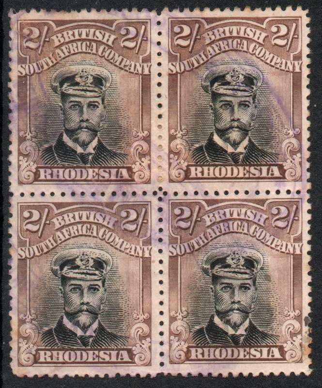 Rhodesia BSA Company 1913-22 Admiral 2/- Die III Perf 14 block 4 fiscally used.  SACC 273. Cat R1800