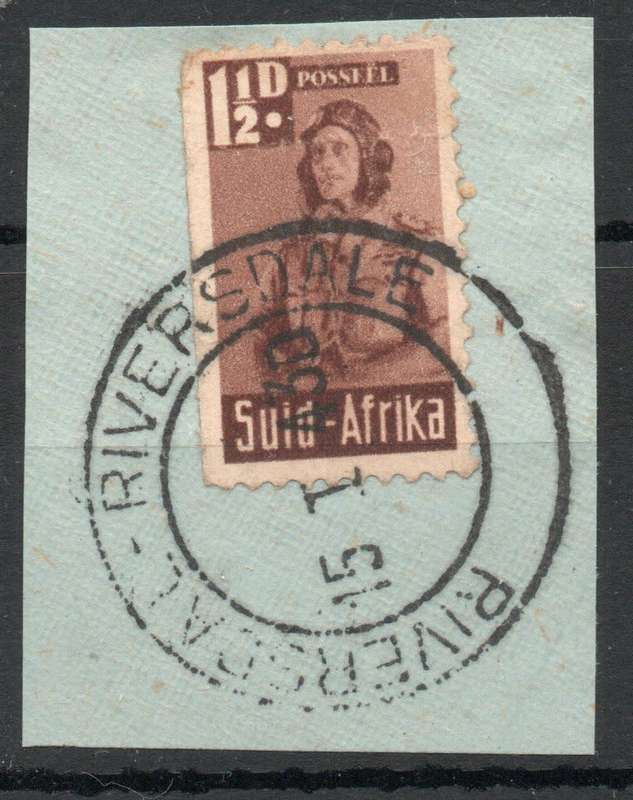 South Africa 1942-44 Small War 1½d with `Riverdale` cancel on piece.