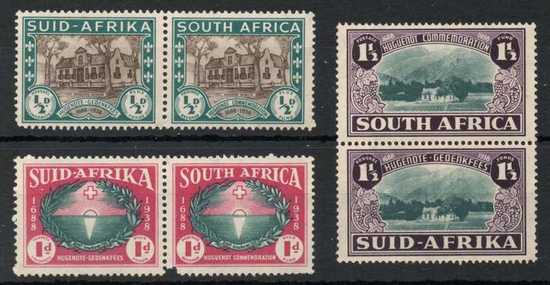 South Africa 1939 250th Anniv of Huguenot landing in SA set of 3 pairs umm. SACC 81-83. Cat R1100