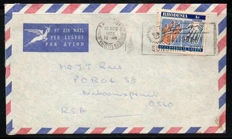 Rhodesia 1975 air mail cover Salisbury to Naboomspruit with `Salisbury Sunshine City` box cancel.