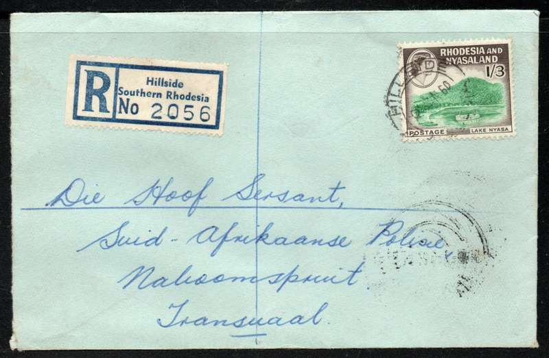 Rhodesia & Nyasaland 1959-62 QEII 1/3d on registered cover Hillside Southern Rhodesia - Naboomspruit
