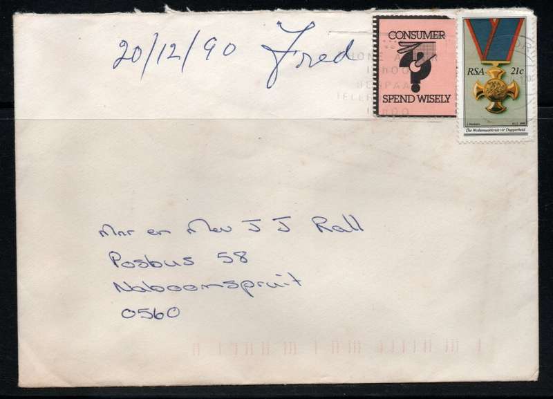 South Africa commercially used cover with "CONSUMER SPEND WISELY" label.
