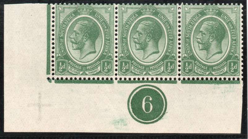 South Africa 1913 KGV ½d Plate number 6 Corner strip of 3 mounted mint. SACC 2. Cat R450 (2023-25)