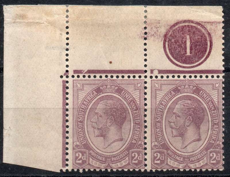 South Africa 1913 KGV 2d Plate number 1 Corner pair mounted in margin. SACC 5. Cat R600 (2023-25)