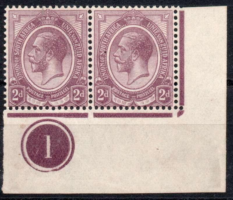 South Africa 1913 KGV 2d Plate number 1 Corner pair mounted in margin. SACC 5. Cat R600 (2023-25)