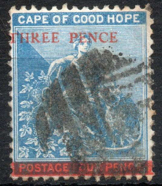 Cape of Good Hope 1879 "Hope" seated 3d on 4d blue fine used. SACC 29. Cat R50 (2023-25)