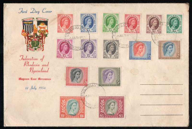 Rhodesia & Nyasaland 1954 QEII Definitive set of 15 on illustrated F.D.C. Cat R1300.